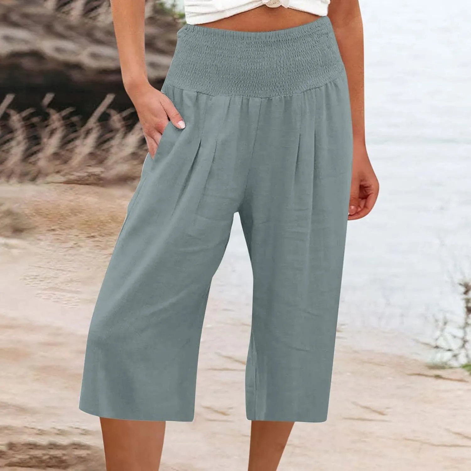 Linen Capri Pants for Women Summer Wide Leg Capri Pants Palazzo Lounge Cropped Pants Pockets Comfy Pajama Capri Pants