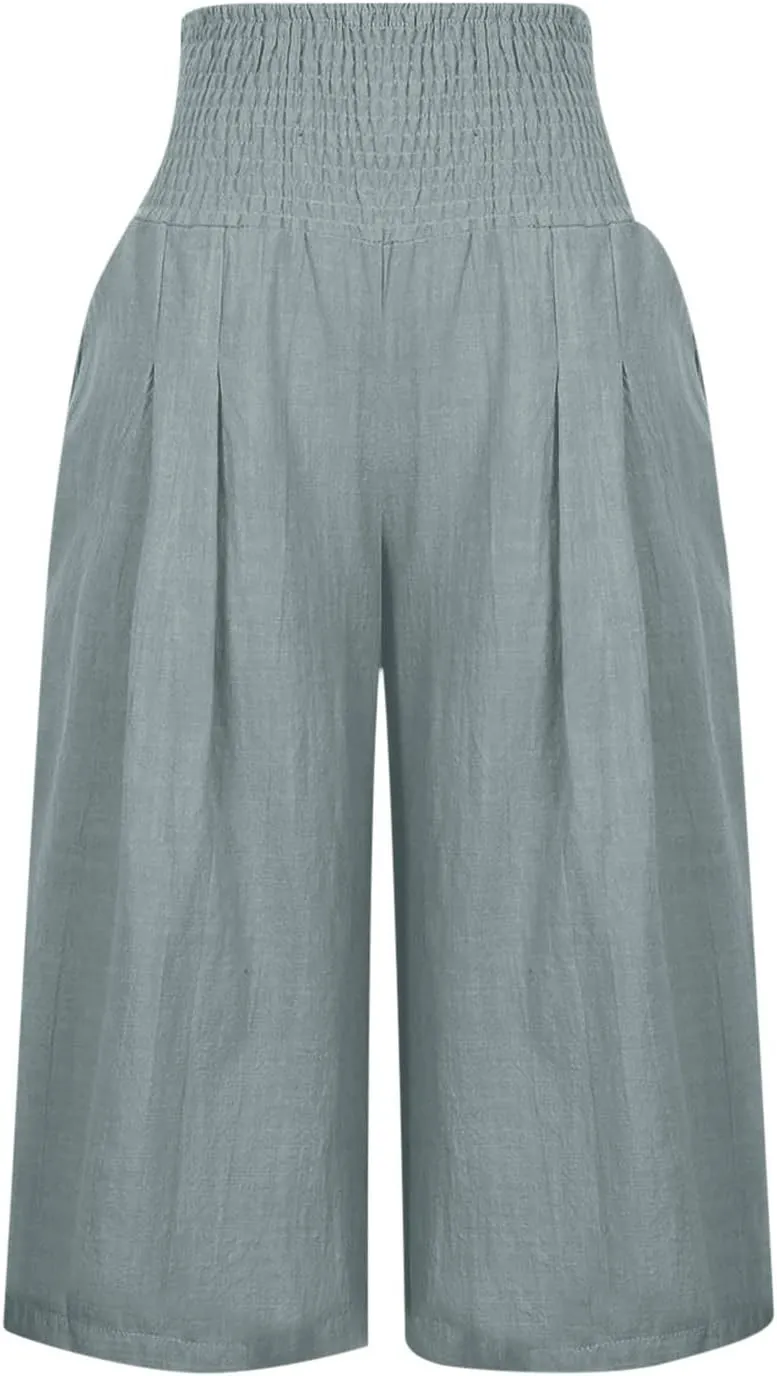 Linen Capri Pants for Women Summer Wide Leg Capri Pants Palazzo Lounge Cropped Pants Pockets Comfy Pajama Capri Pants