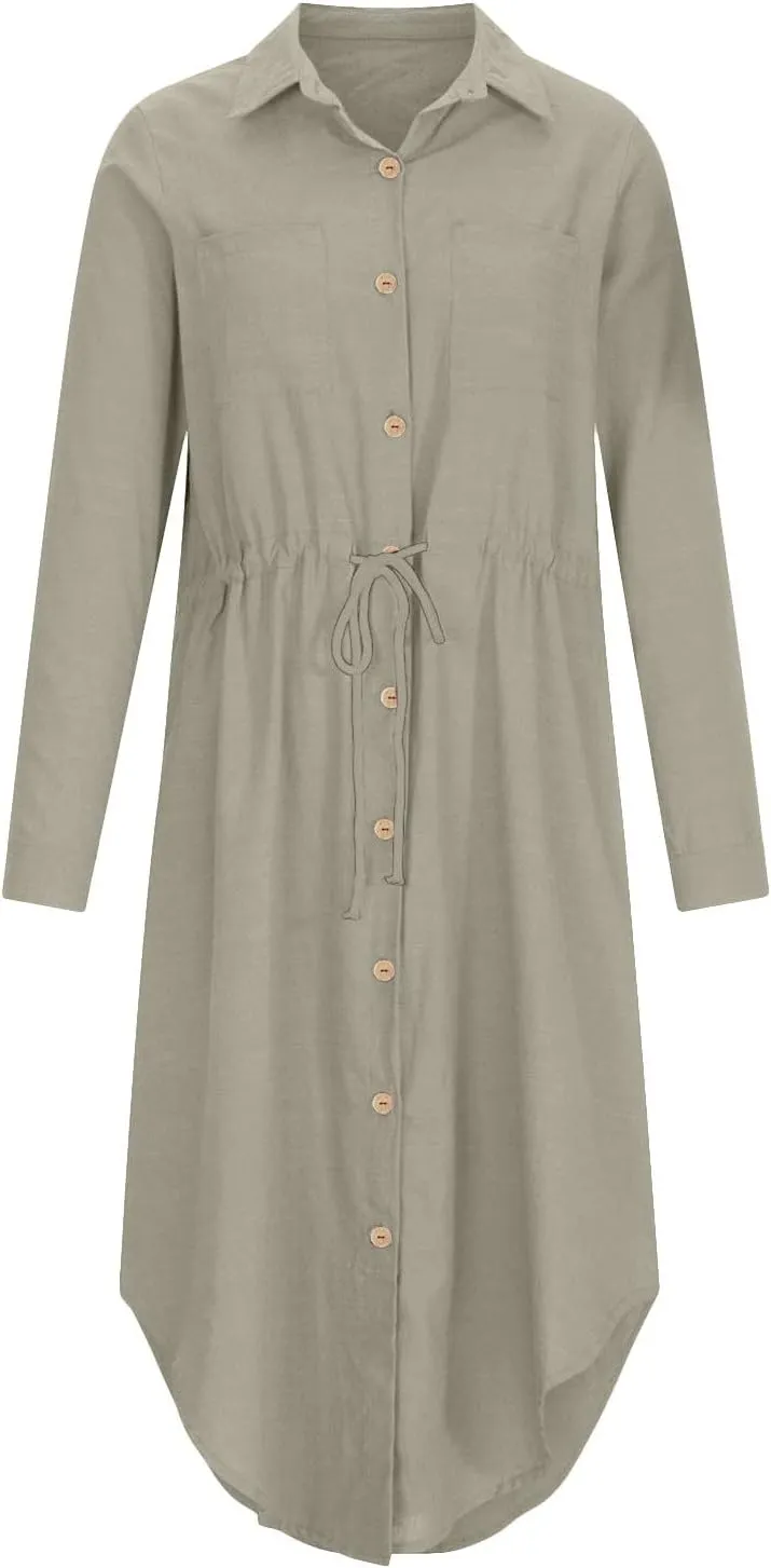Linen Cotton Dresses for Women 2025 Long Sleeve Tie Waist Maxi Dresses Summer Button Down Sundress Trendy Outfits