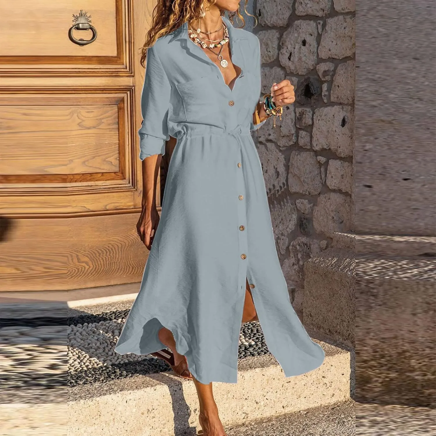 Linen Cotton Dresses for Women 2025 Long Sleeve Tie Waist Maxi Dresses Summer Button Down Sundress Trendy Outfits