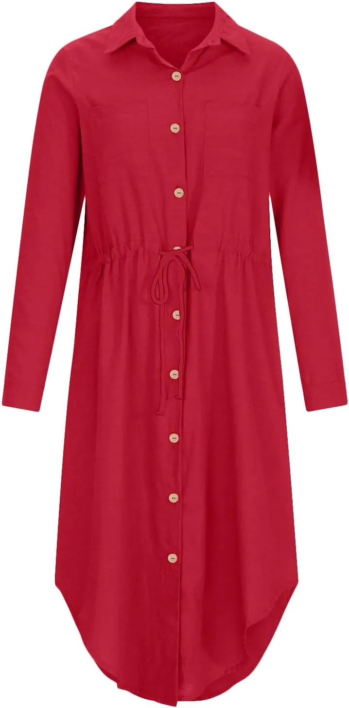Linen Cotton Dresses for Women 2025 Long Sleeve Tie Waist Maxi Dresses Summer Button Down Sundress Trendy Outfits