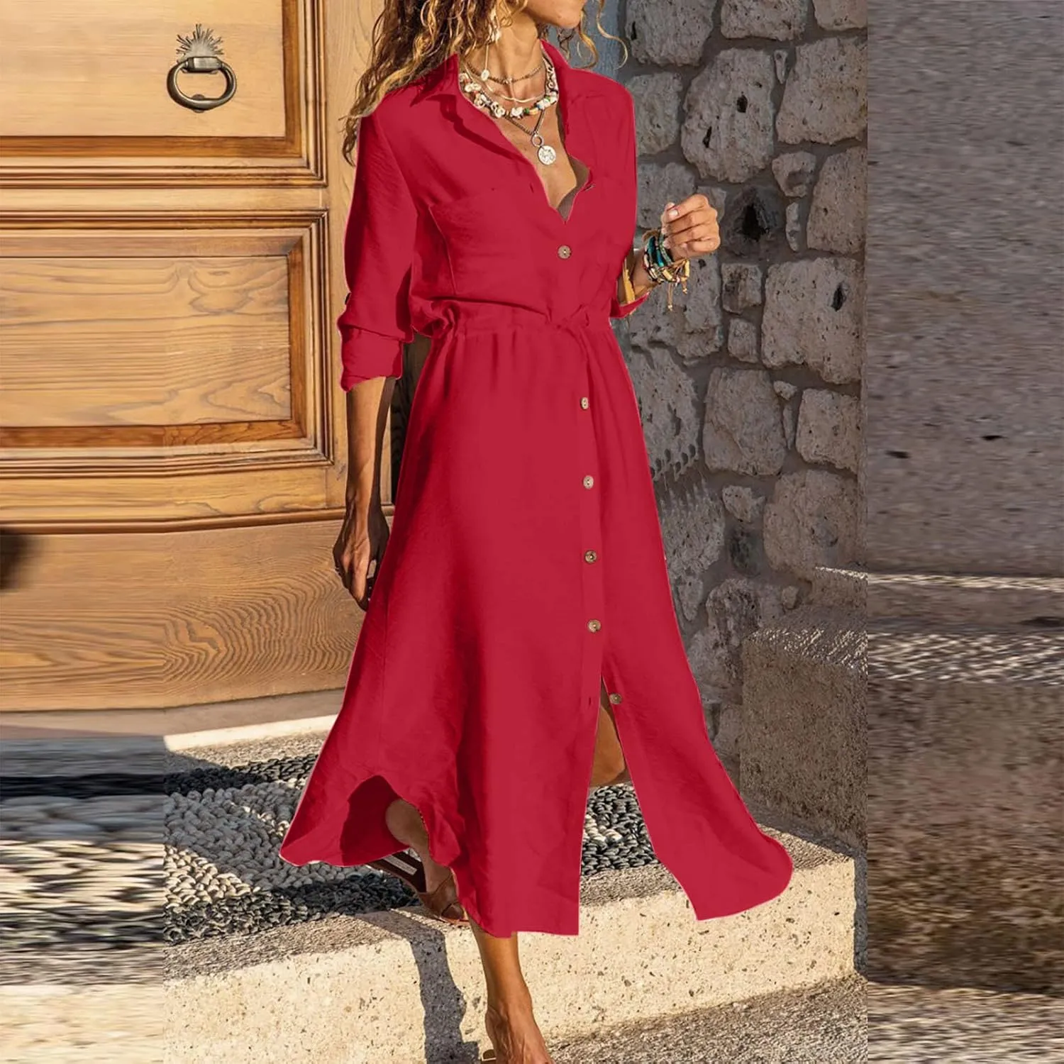 Linen Cotton Dresses for Women 2025 Long Sleeve Tie Waist Maxi Dresses Summer Button Down Sundress Trendy Outfits
