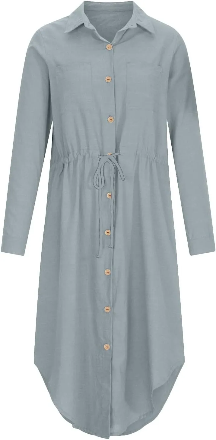 Linen Cotton Dresses for Women 2025 Long Sleeve Tie Waist Maxi Dresses Summer Button Down Sundress Trendy Outfits