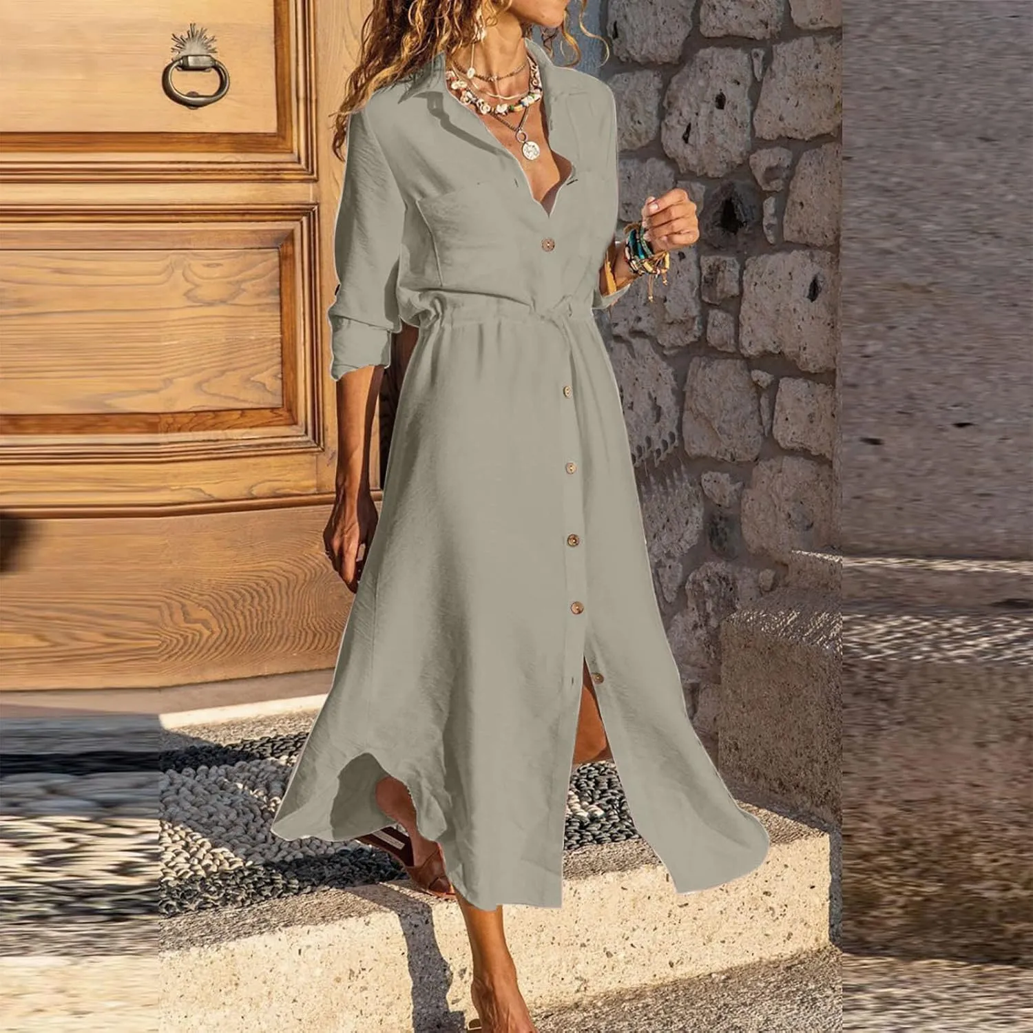 Linen Cotton Dresses for Women 2025 Long Sleeve Tie Waist Maxi Dresses Summer Button Down Sundress Trendy Outfits