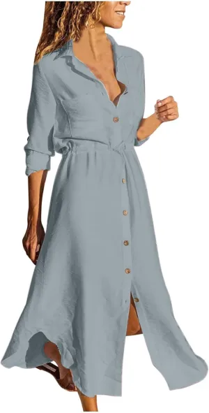 Linen Cotton Dresses for Women 2025 Long Sleeve Tie Waist Maxi Dresses Summer Button Down Sundress Trendy Outfits
