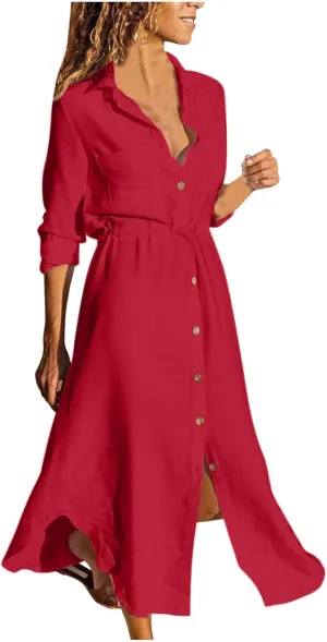 Linen Cotton Dresses for Women 2025 Long Sleeve Tie Waist Maxi Dresses Summer Button Down Sundress Trendy Outfits