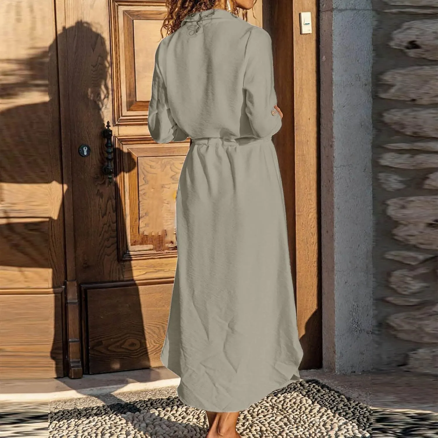 Linen Cotton Dresses for Women 2025 Long Sleeve Tie Waist Maxi Dresses Summer Button Down Sundress Trendy Outfits
