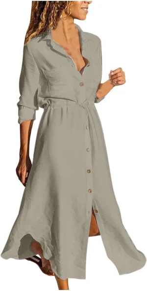 Linen Cotton Dresses for Women 2025 Long Sleeve Tie Waist Maxi Dresses Summer Button Down Sundress Trendy Outfits