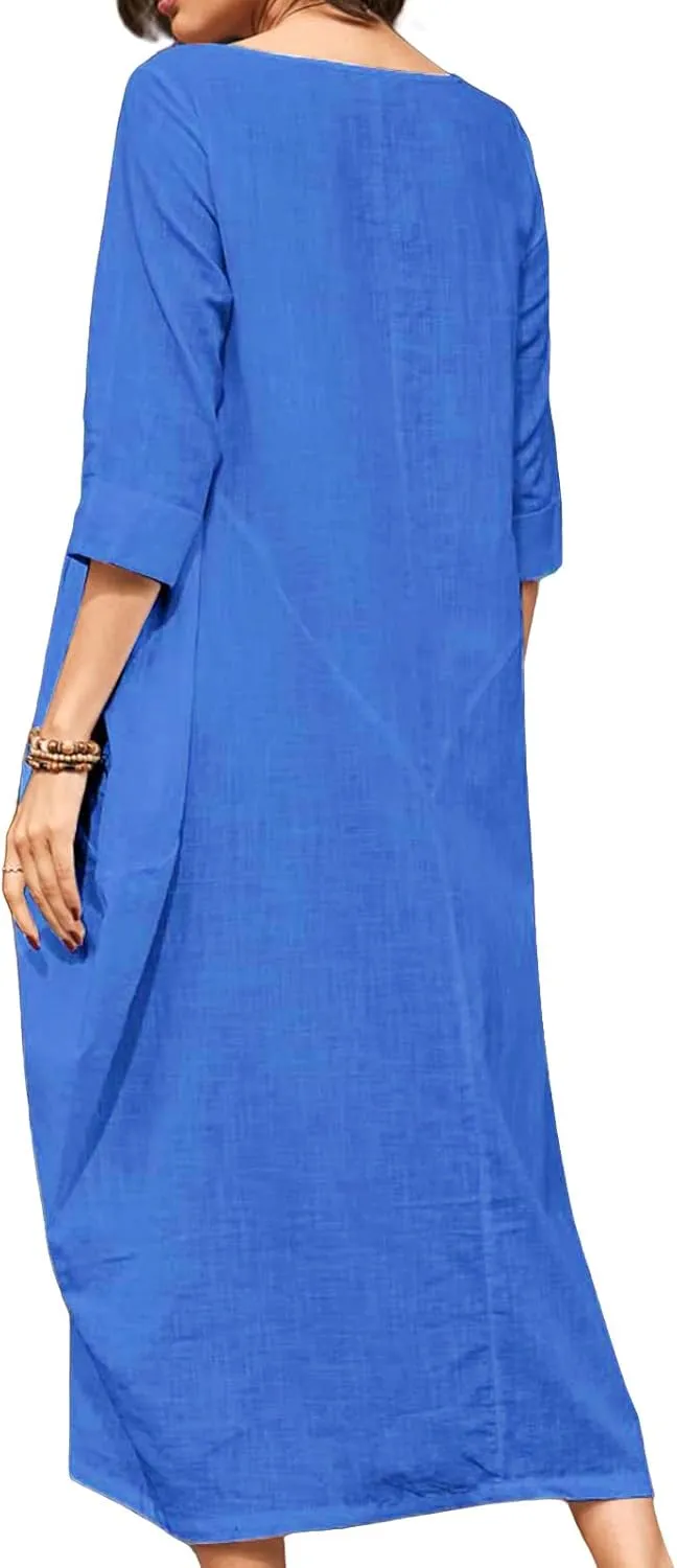 Linen Dress 2025 Long Sleeve Crewneck Maxi Dresses Solid Loose Plus Size Dresses Flowy Swing Summer Casual Dress