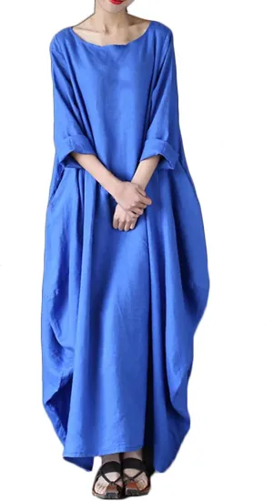 Linen Dress 2025 Long Sleeve Crewneck Maxi Dresses Solid Loose Plus Size Dresses Flowy Swing Summer Casual Dress