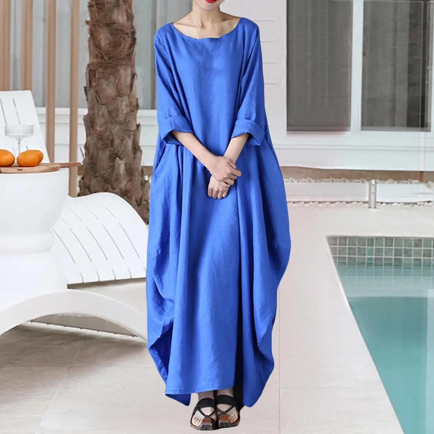 Linen Dress 2025 Long Sleeve Crewneck Maxi Dresses Solid Loose Plus Size Dresses Flowy Swing Summer Casual Dress