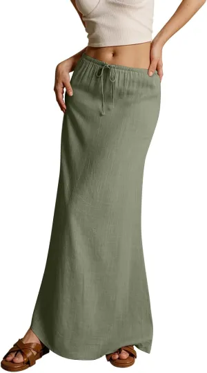 Linen Flared Maxi Skirt Elastic High Waist Drawstring Skirts Dressy Casual Flowy Ankle-Length Skirts with Back Slit