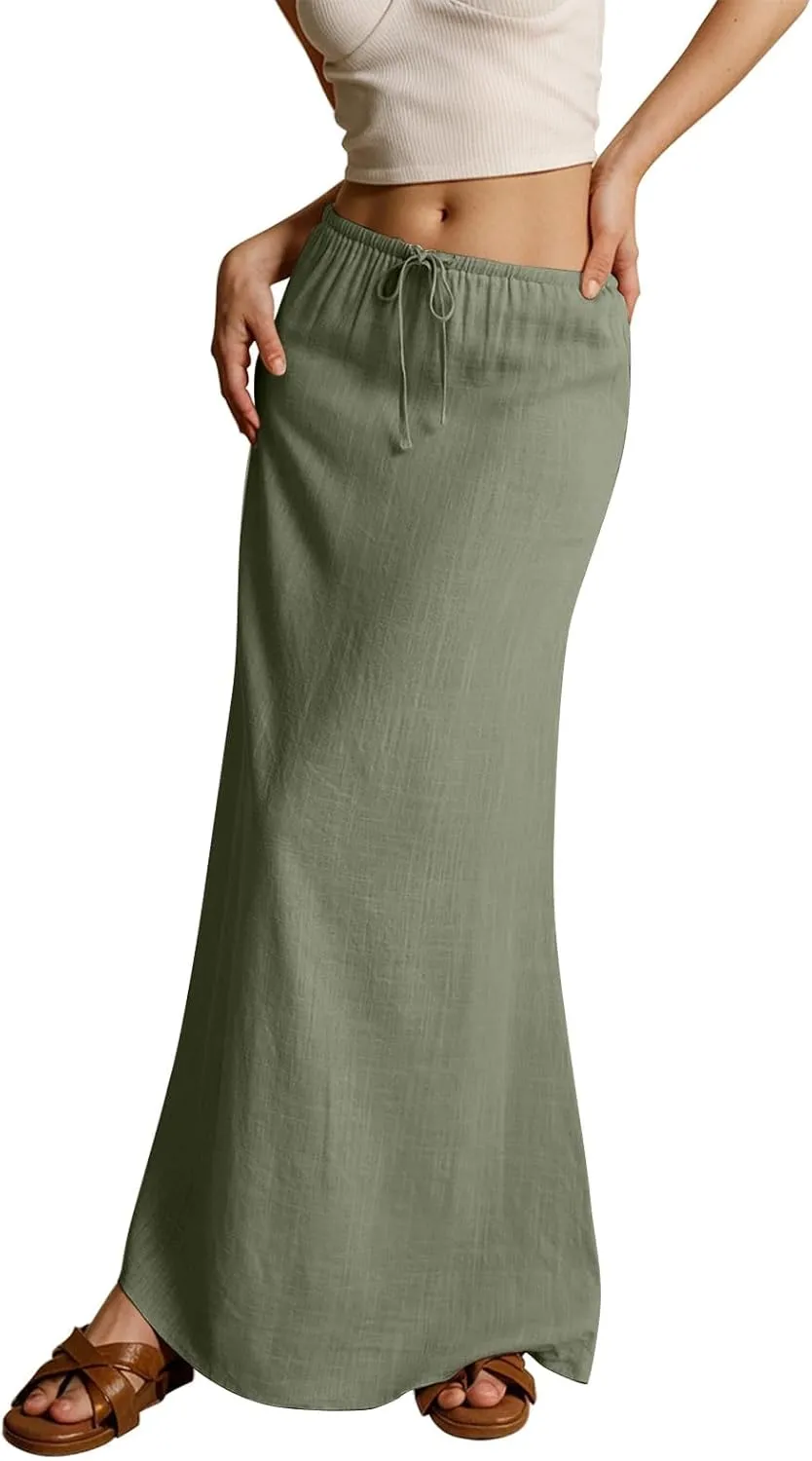 Linen Flared Maxi Skirt Elastic High Waist Drawstring Skirts Dressy Casual Flowy Ankle-Length Skirts with Back Slit