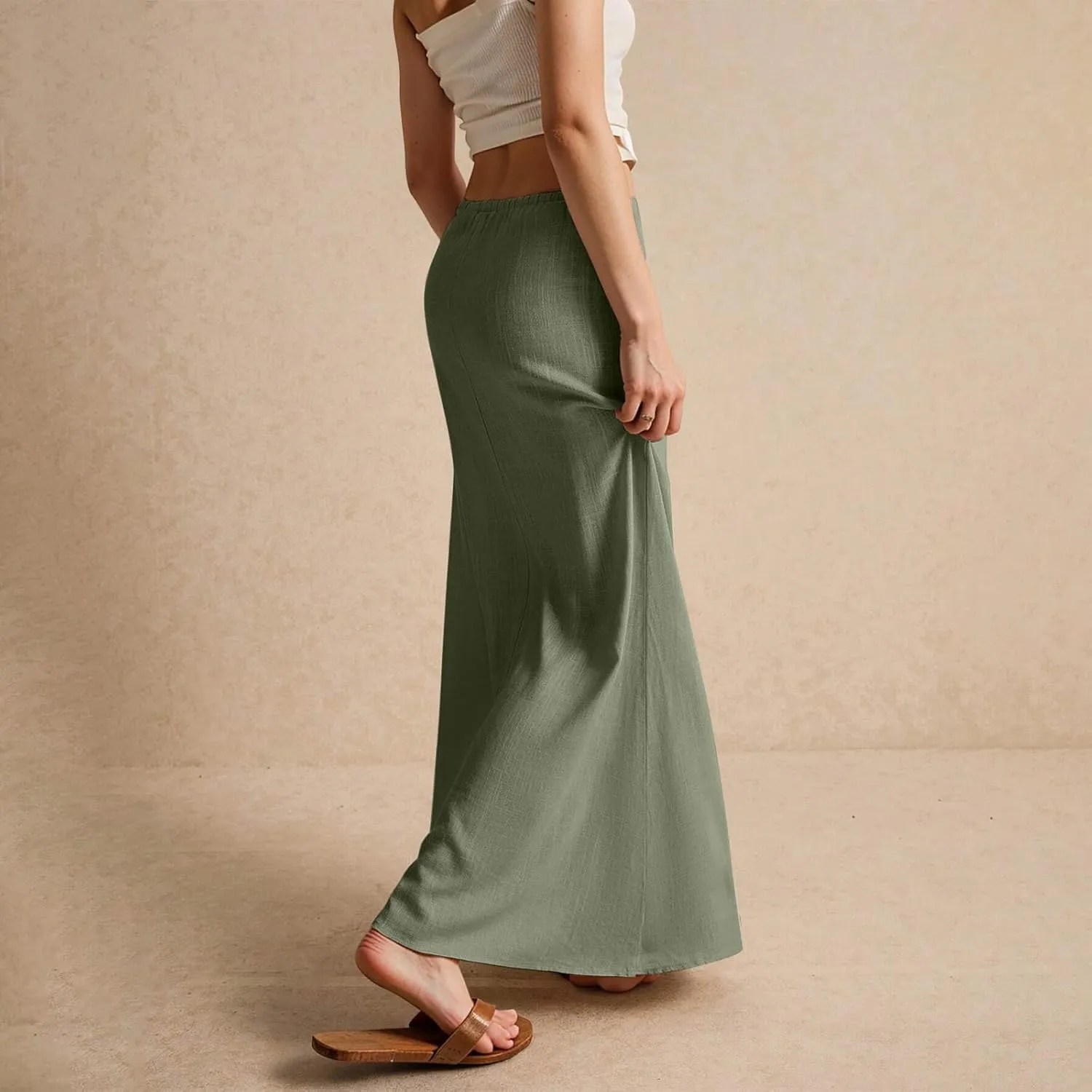 Linen Flared Maxi Skirt Elastic High Waist Drawstring Skirts Dressy Casual Flowy Ankle-Length Skirts with Back Slit
