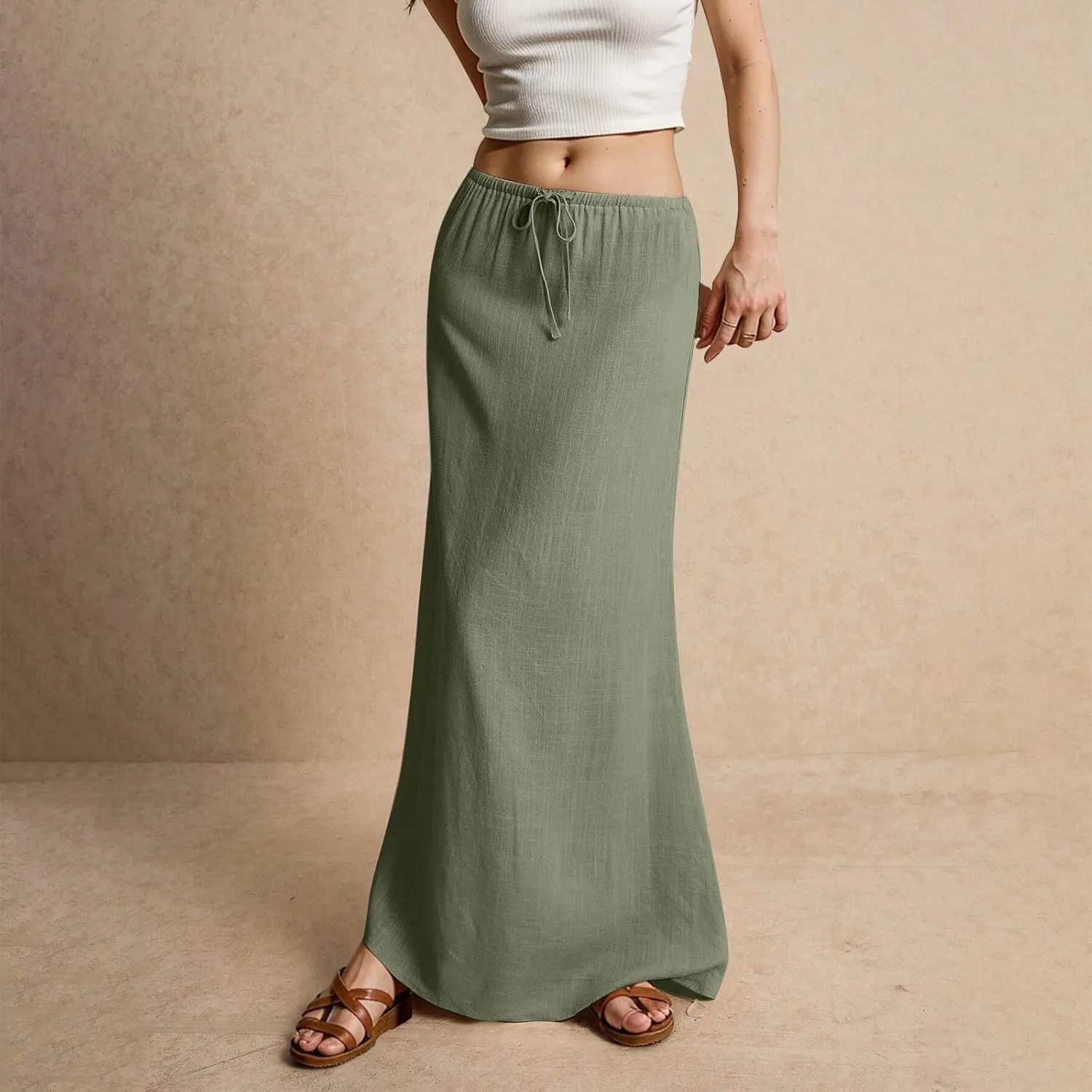 Linen Flared Maxi Skirt Elastic High Waist Drawstring Skirts Dressy Casual Flowy Ankle-Length Skirts with Back Slit
