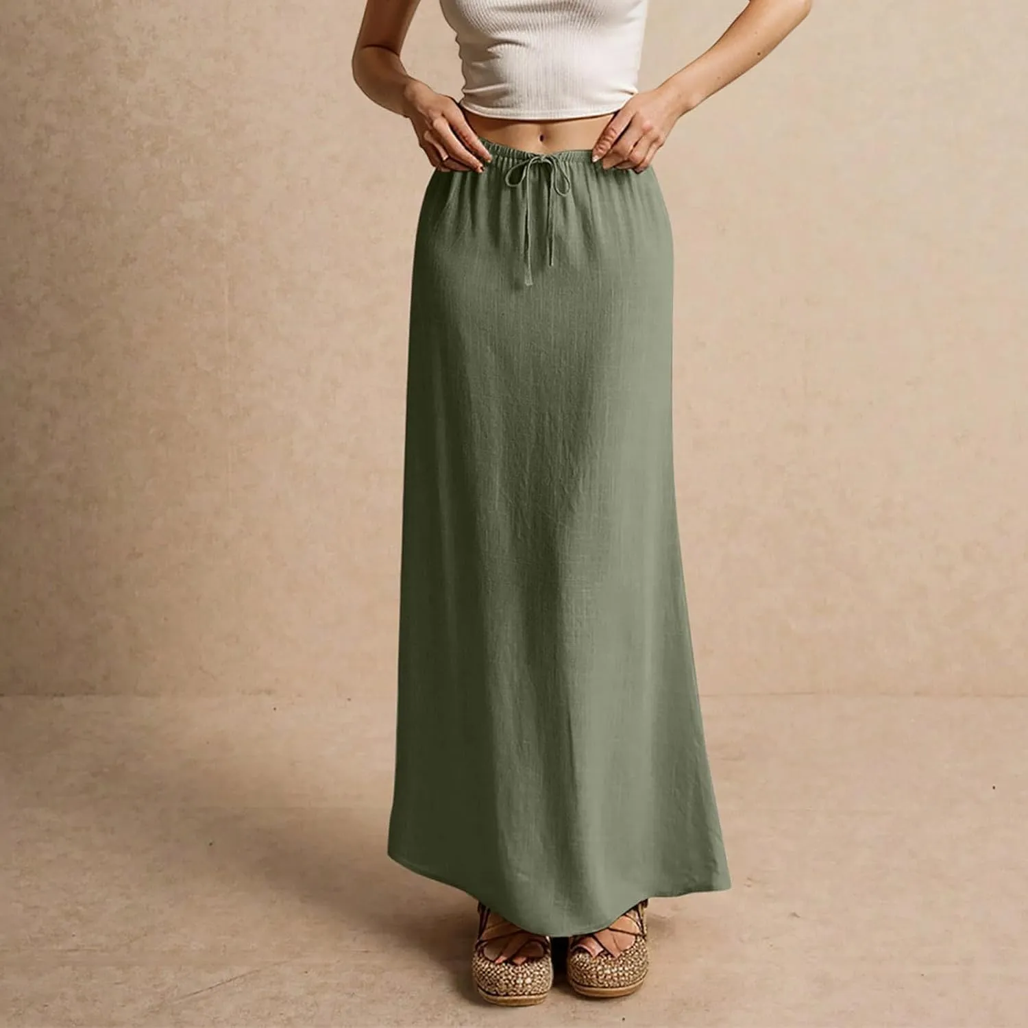 Linen Flared Maxi Skirt Elastic High Waist Drawstring Skirts Dressy Casual Flowy Ankle-Length Skirts with Back Slit