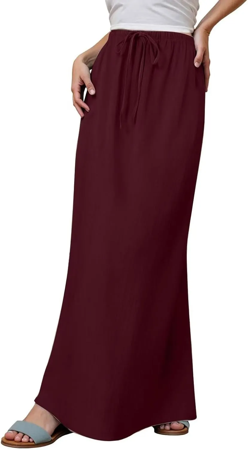 Linen Maxi Skirts for Women Elastic Waist Drawstring Long Flowy Skirts Summer Comfy A Line Dresses Vacation Boho Skirt