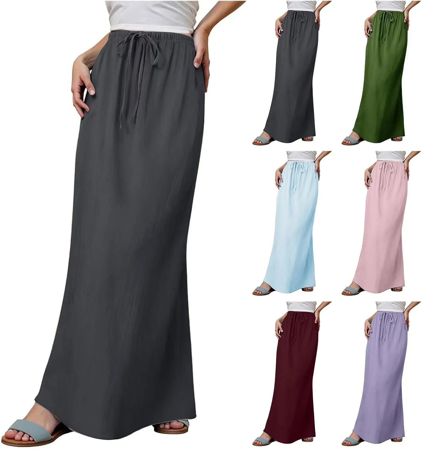 Linen Maxi Skirts for Women Elastic Waist Drawstring Long Flowy Skirts Summer Comfy A Line Dresses Vacation Boho Skirt
