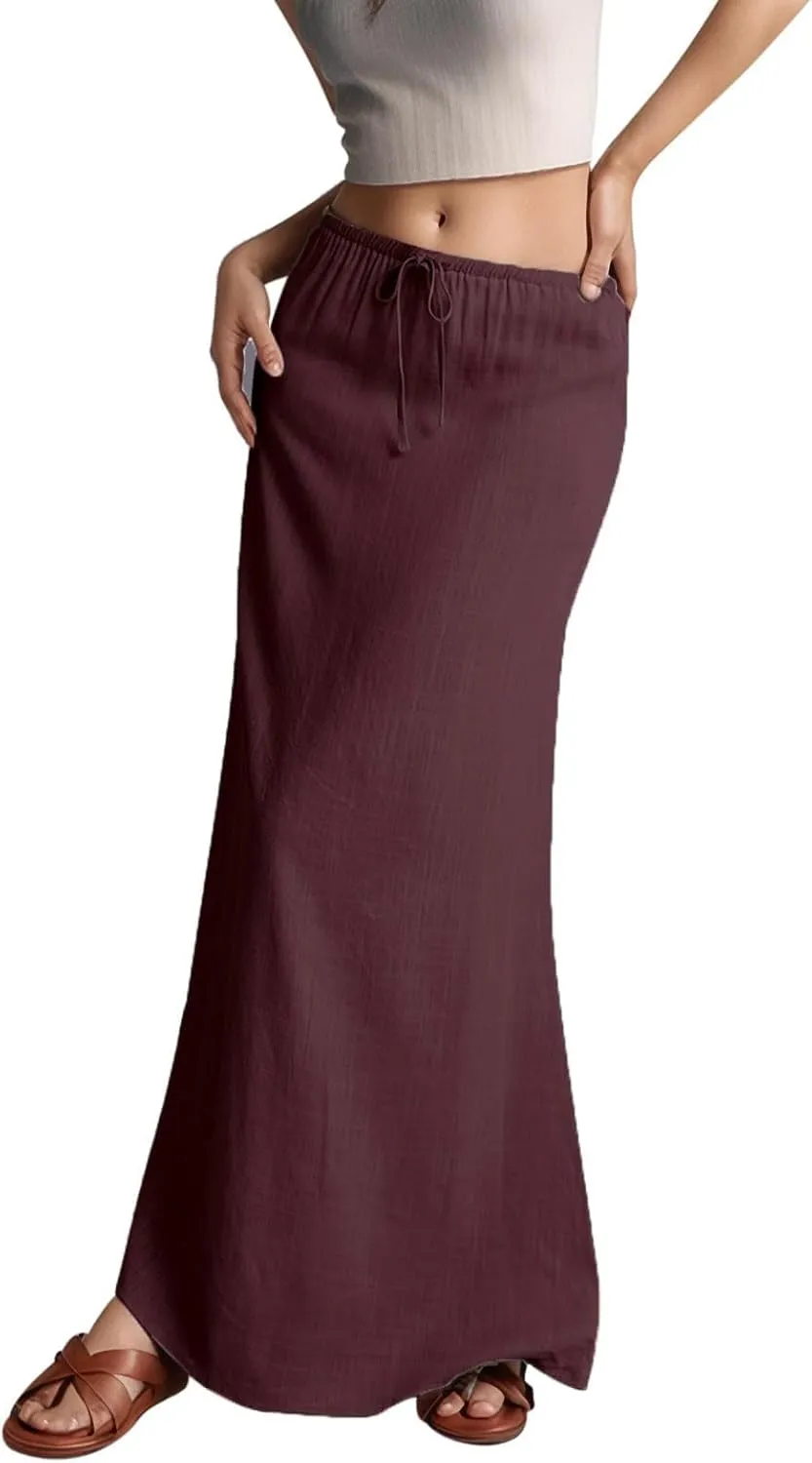 Linen Maxi Skirts for Women Elastic Waist Drawstring Long Flowy Skirts Summer Comfy A Line Dresses Vacation Boho Skirt