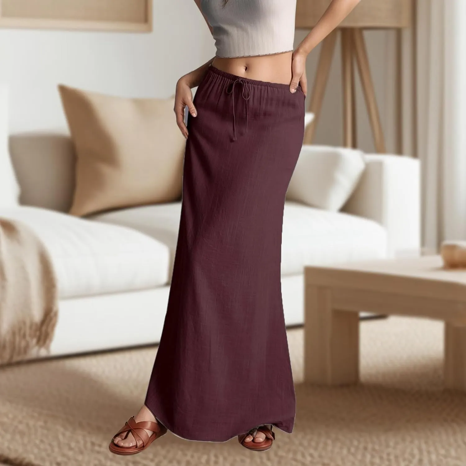 Linen Maxi Skirts for Women Elastic Waist Drawstring Long Flowy Skirts Summer Comfy A Line Dresses Vacation Boho Skirt