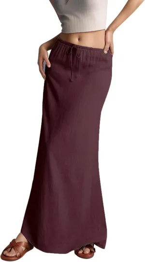 Linen Maxi Skirts for Women Elastic Waist Drawstring Long Flowy Skirts Summer Comfy A Line Dresses Vacation Boho Skirt
