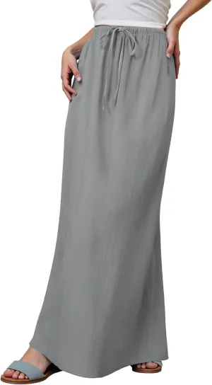 Linen Maxi Skirts for Women Summer Elastic Waist Drawstring A Line Long Flared Comfy Cute Vacation Boho Flowy Skirt
