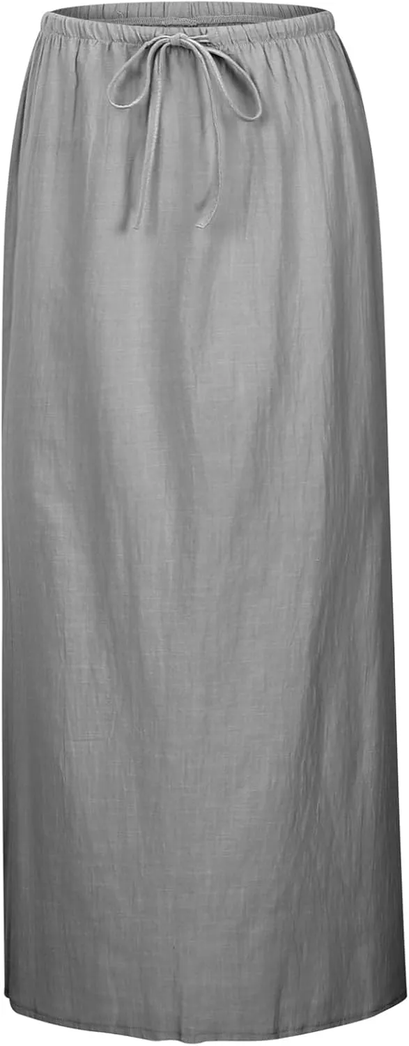Linen Maxi Skirts for Women Summer Elastic Waist Drawstring A Line Long Flared Comfy Cute Vacation Boho Flowy Skirt