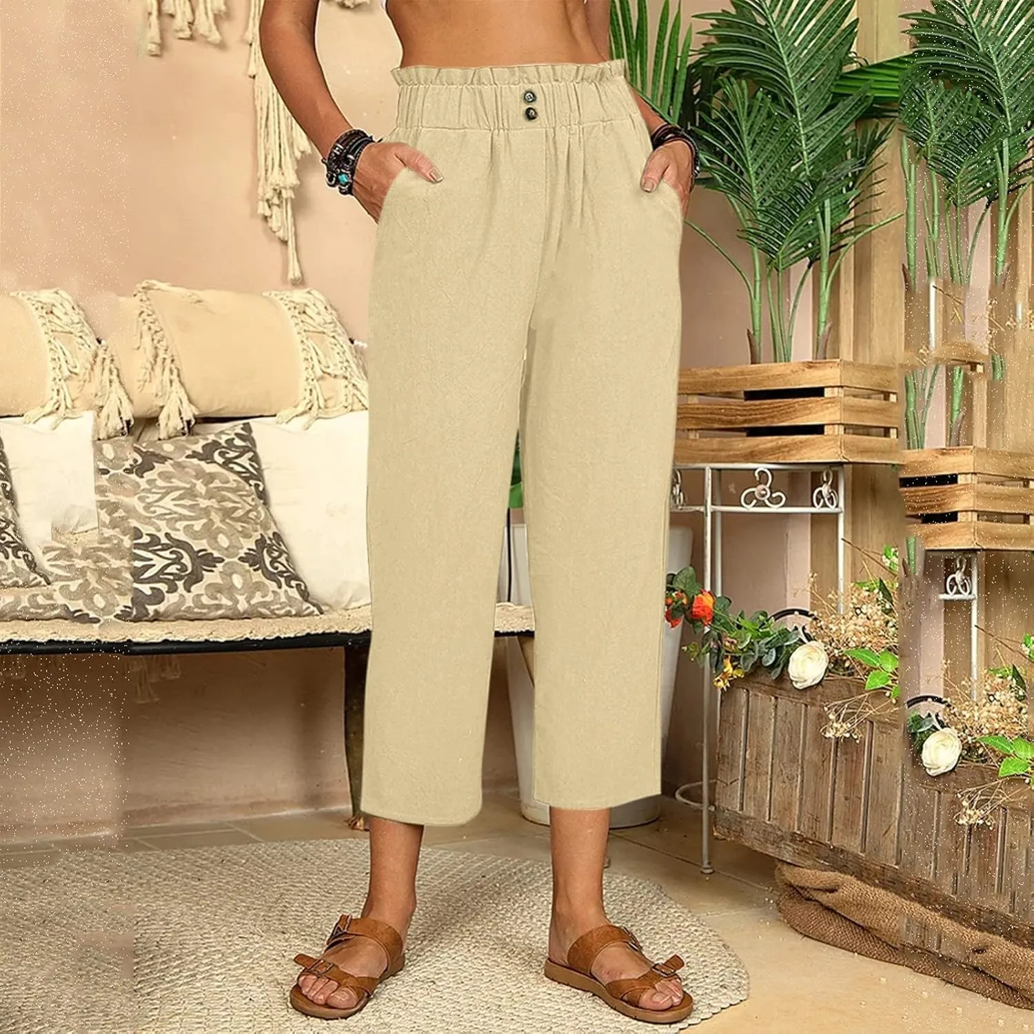 Linen Pants for Women Straight Leg Capris Pants Lounge Cropped Trousers High Waisted Boho Beach Pants Yoga Pants