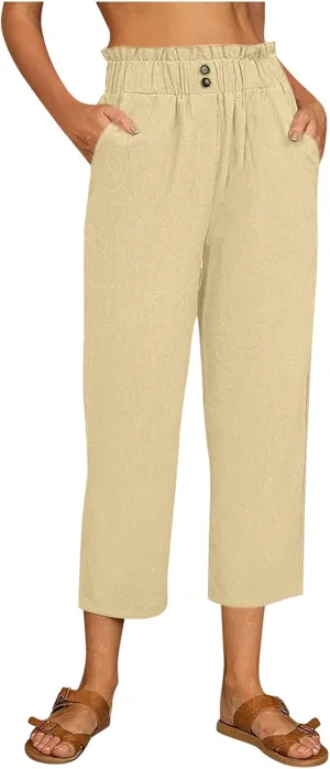 Linen Pants for Women Straight Leg Capris Pants Lounge Cropped Trousers High Waisted Boho Beach Pants Yoga Pants