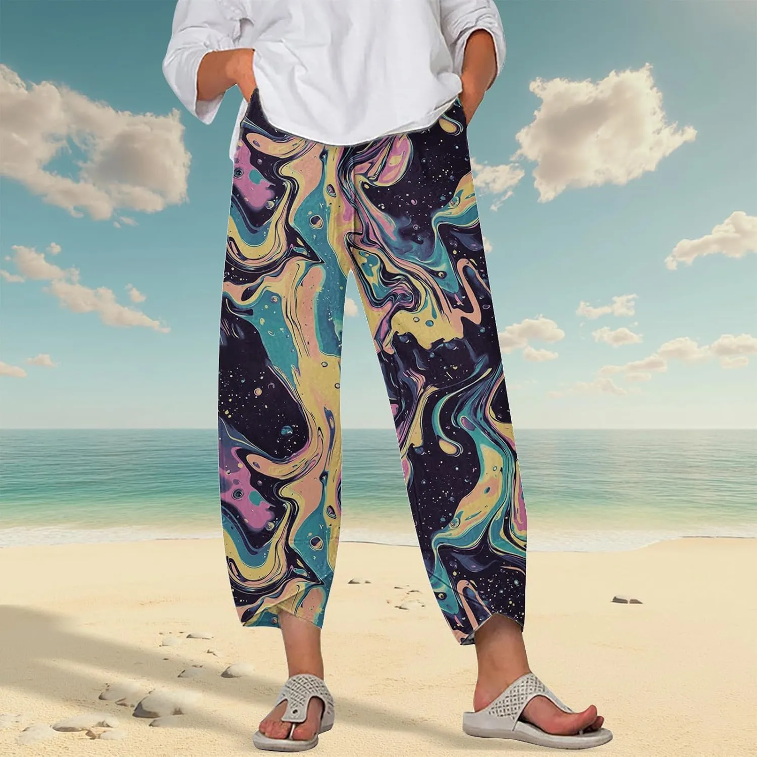 Linen Pants for Women Summer Casual Wide Leg Capri Pants Loose Fit Palazzo Pants Cropped Beach Pants with Pockets