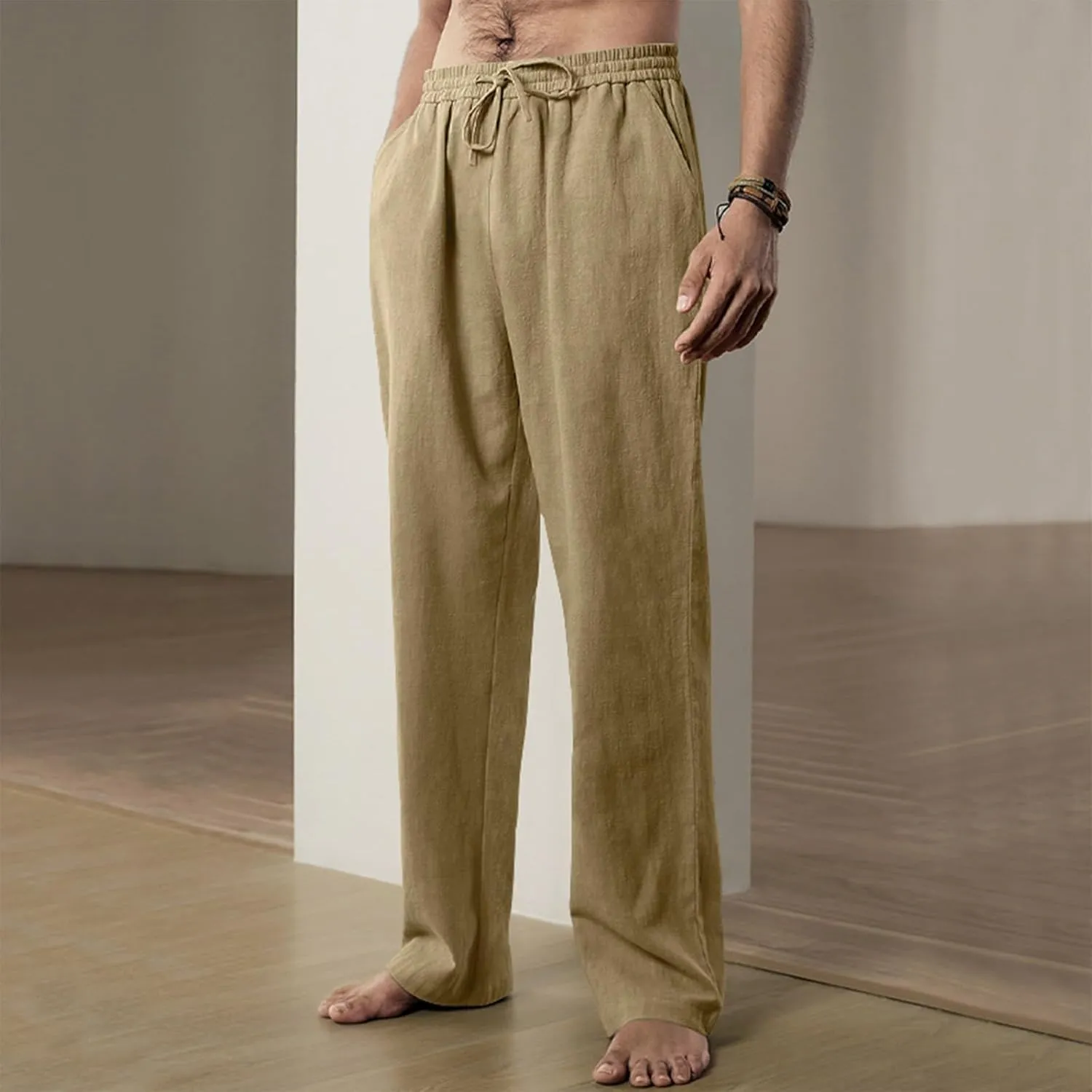 Linen Pants Men Loose Fit Plus Size Casual Pants Lightweight Elastic Waist Beach Pants Drawstring Yoga Pants Joggers