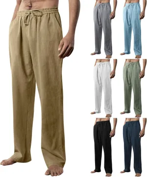 Linen Pants Men Loose Fit Plus Size Casual Pants Lightweight Elastic Waist Beach Pants Drawstring Yoga Pants Joggers