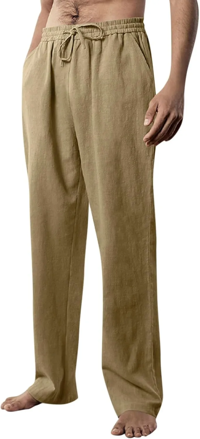 Linen Pants Men Loose Fit Plus Size Casual Pants Lightweight Elastic Waist Beach Pants Drawstring Yoga Pants Joggers