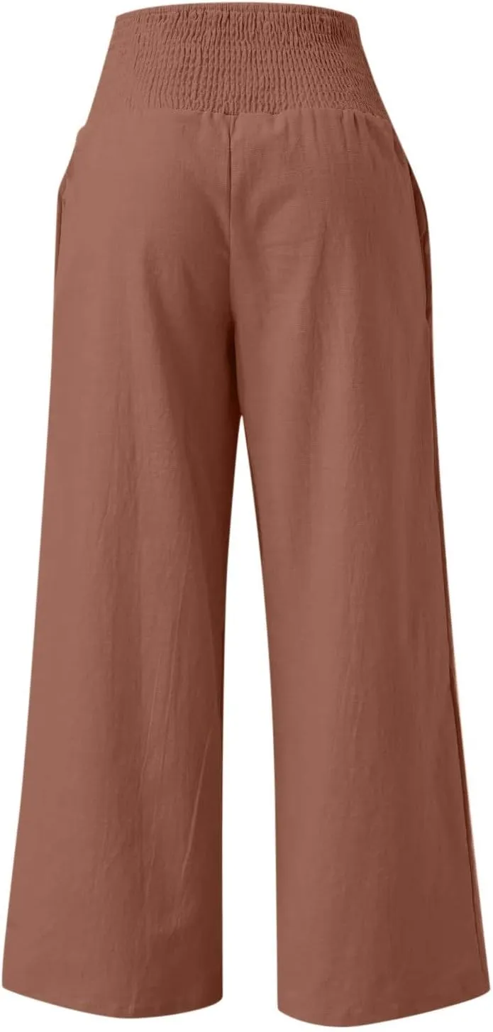 Linen Pants Women High Waisted Wide Leg Palazzo Pants Summer Beach Flowy Pants Casual Dress Pants Lounge Trousers