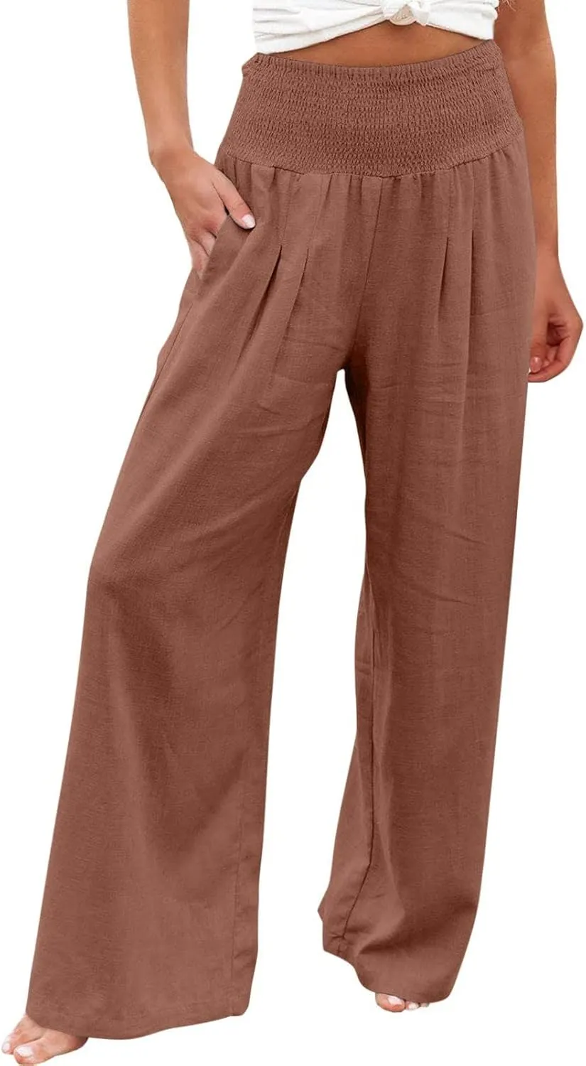 Linen Pants Women High Waisted Wide Leg Palazzo Pants Summer Beach Flowy Pants Casual Dress Pants Lounge Trousers
