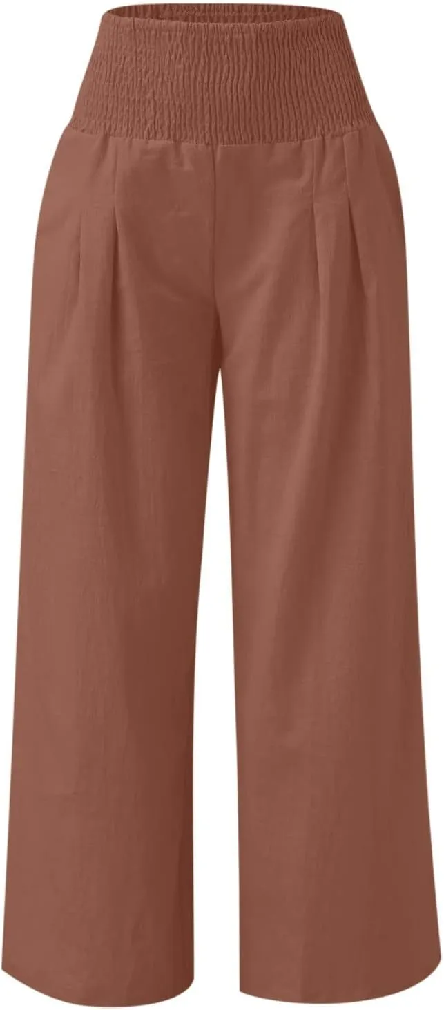 Linen Pants Women High Waisted Wide Leg Palazzo Pants Summer Beach Flowy Pants Casual Dress Pants Lounge Trousers