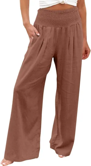 Linen Pants Women High Waisted Wide Leg Palazzo Pants Summer Beach Flowy Pants Casual Dress Pants Lounge Trousers