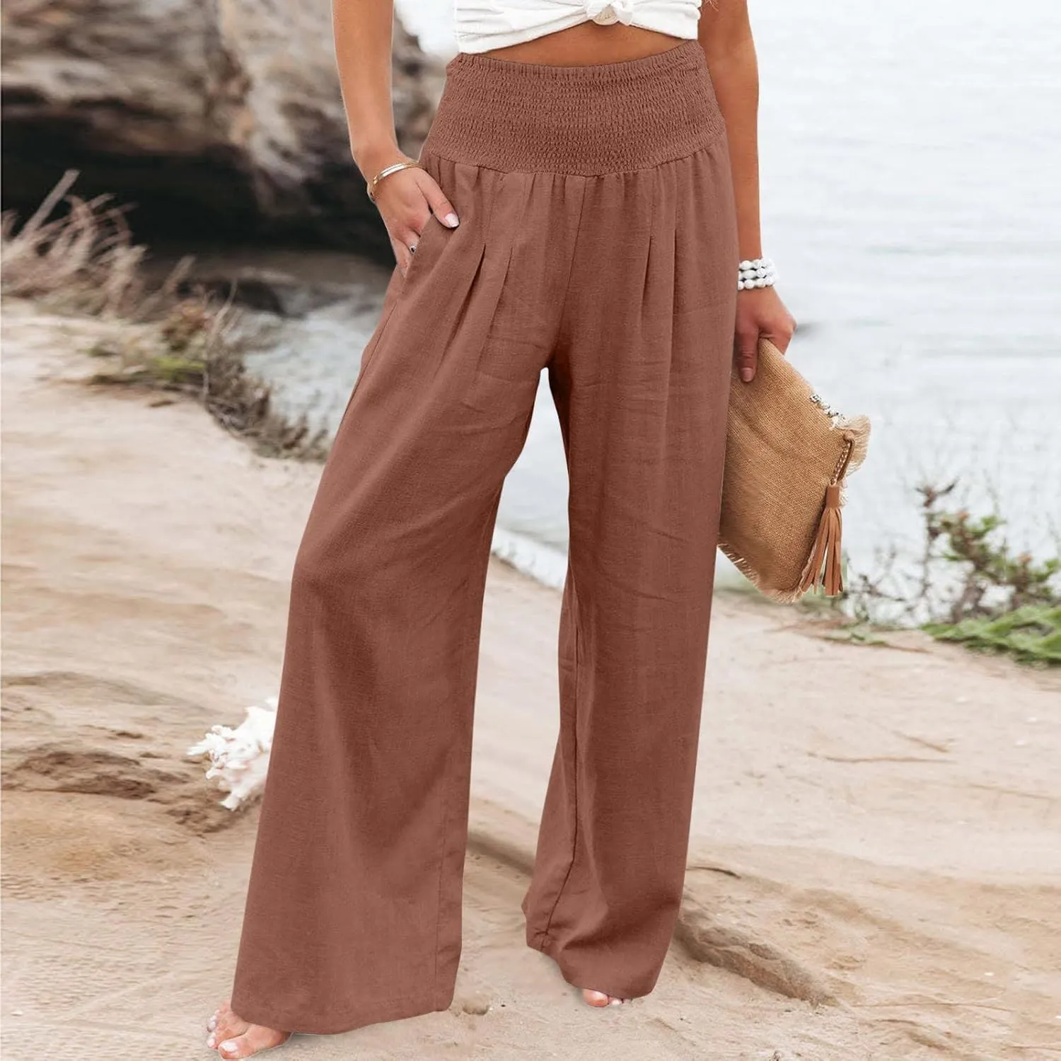 Linen Pants Women High Waisted Wide Leg Palazzo Pants Summer Beach Flowy Pants Casual Dress Pants Lounge Trousers