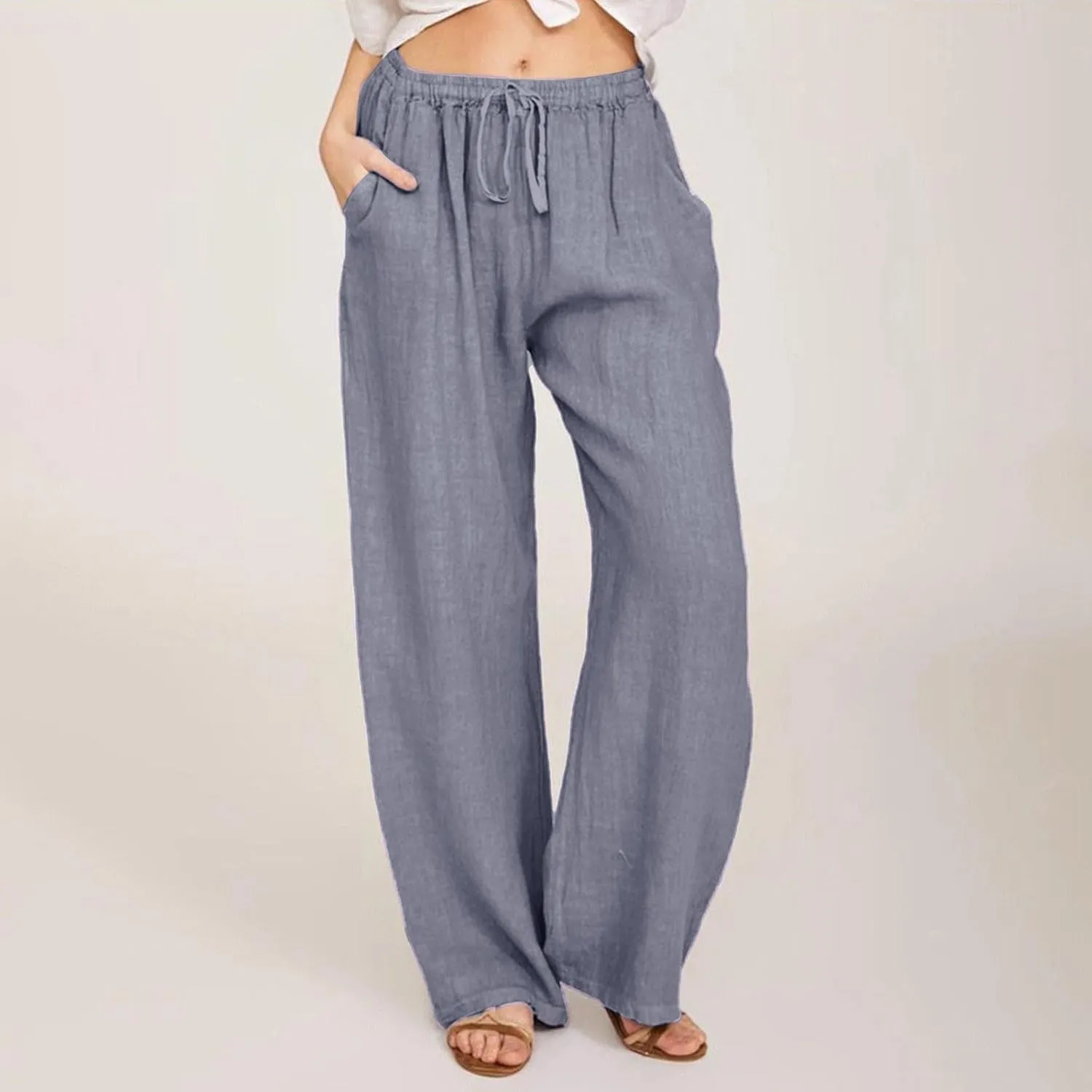 Linen Pants Women Summer Casual Baggy Wide Leg Pants Drawstring High Waisted Palazzo Pants with Pockets Travel Pants