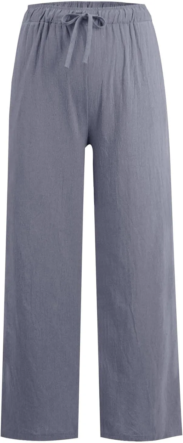 Linen Pants Women Summer Casual Baggy Wide Leg Pants Drawstring High Waisted Palazzo Pants with Pockets Travel Pants