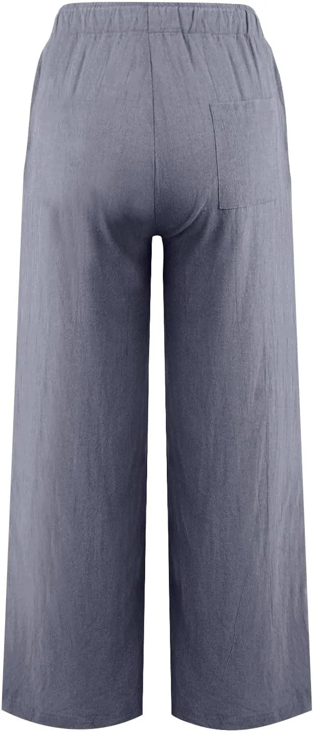 Linen Pants Women Summer Casual Baggy Wide Leg Pants Drawstring High Waisted Palazzo Pants with Pockets Travel Pants