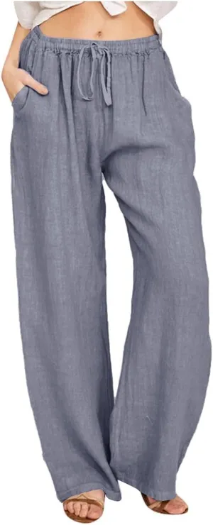 Linen Pants Women Summer Casual Baggy Wide Leg Pants Drawstring High Waisted Palazzo Pants with Pockets Travel Pants