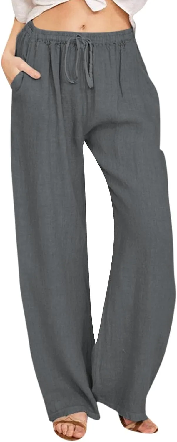 Linen Pants Women Summer Loose Wide Leg Palazzo Pants Beach Pants Straight Leg High Waisted Pants with Pockets