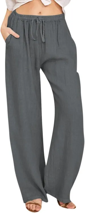 Linen Pants Women Summer Loose Wide Leg Palazzo Pants Beach Pants Straight Leg High Waisted Pants with Pockets