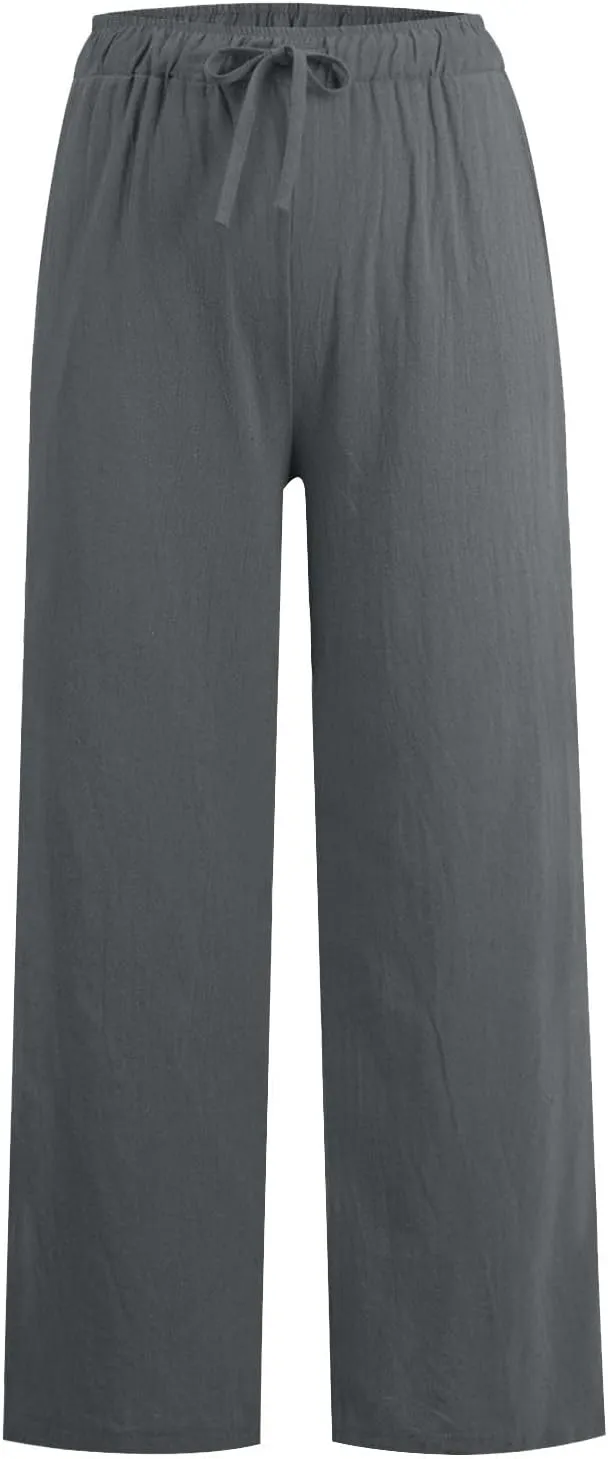 Linen Pants Women Summer Loose Wide Leg Palazzo Pants Beach Pants Straight Leg High Waisted Pants with Pockets