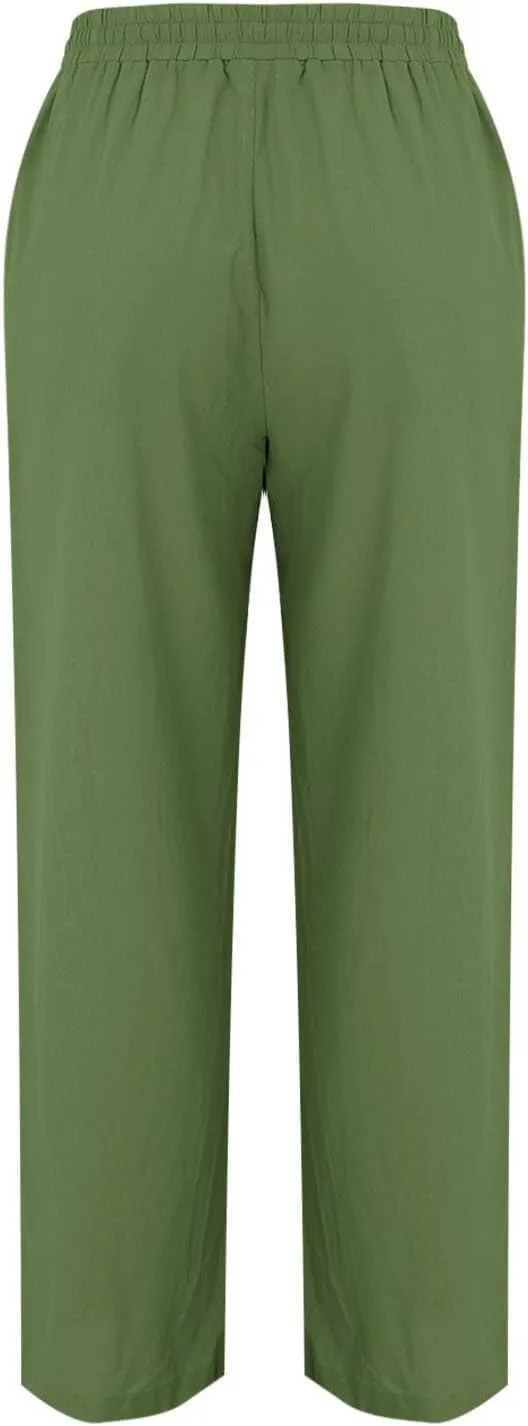 Linen Pants Women Summer Wide Leg Pants Drawstring Elastic Waist Pants High Waisted Lounge Pants Casual Beach Trousers