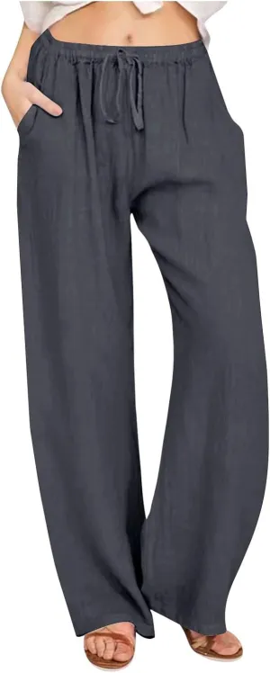 Linen Pants Women Summer Wide Leg Pants Drawstring Elastic Waist Pants High Waisted Lounge Pants Casual Beach Trousers