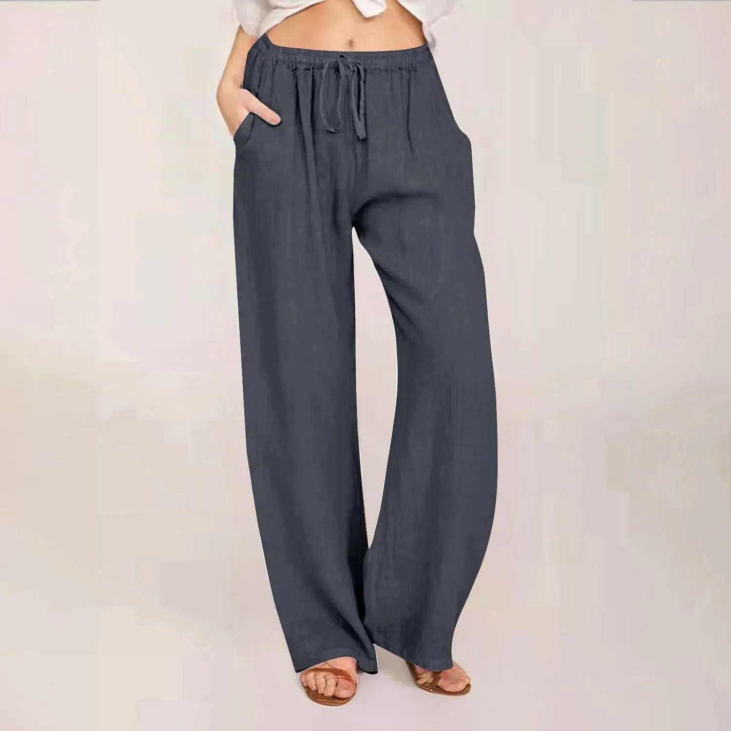 Linen Pants Women Summer Wide Leg Pants Drawstring Elastic Waist Pants High Waisted Lounge Pants Casual Beach Trousers