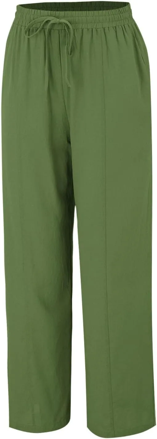 Linen Pants Women Summer Wide Leg Pants Drawstring Elastic Waist Pants High Waisted Lounge Pants Casual Beach Trousers