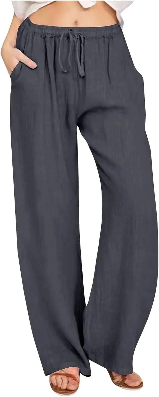 Linen Pants Women Summer Wide Leg Pants Drawstring Elastic Waist Pants High Waisted Lounge Pants Casual Beach Trousers